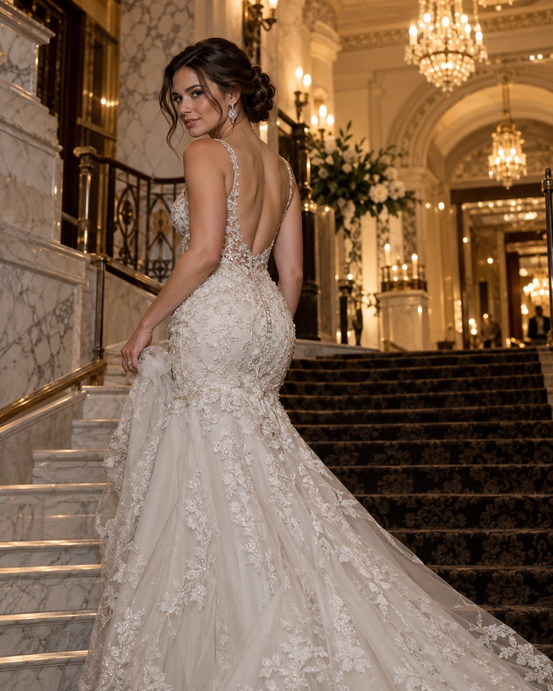 Embroidered couture gown in a grand hotel interior